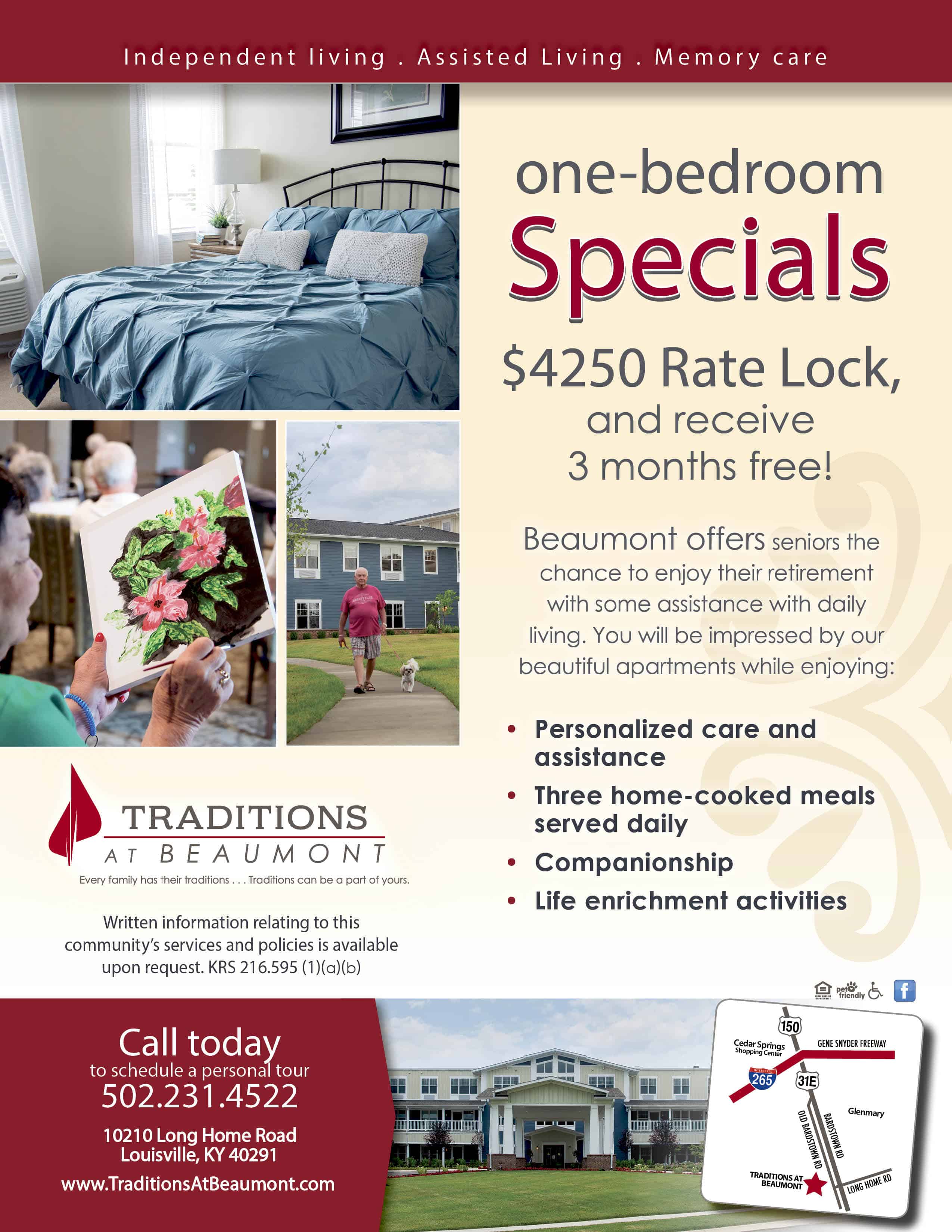 One Bedroom Specials Flyer for Traditions at Beaumont. A bedroom is shown with older adults enjoying their time. The special is going for $4250 and lists the benefits.